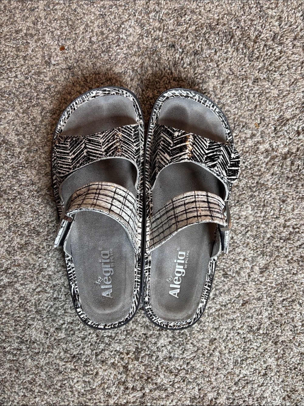 Alegria Two-Strap Black and White Patterned Slide Sandals
